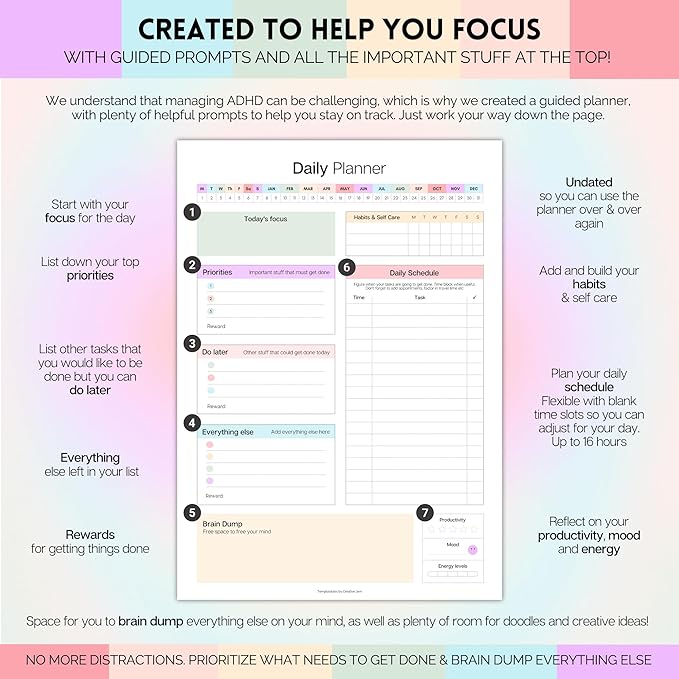 ADHD Daily Planner for Neurodivergent Adults - Productivity Daily Planner & Task Management to Stay Organized and Focused (Rainbow)