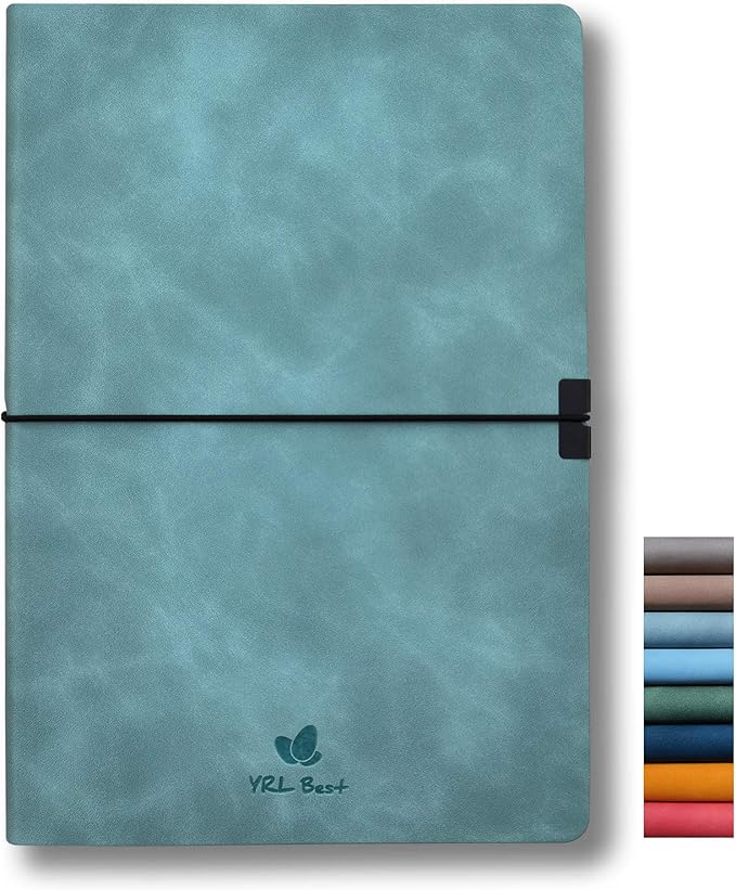 Softcover Bullet Notebook Journal, Dotted/Dot Grid, A5, 5.8x8.3 Inches, Premium Faux Leather, Creamy Thick Paper, Sewn Bound, Elastic Band, Inner Pocket, Pen Loop, Lays Flat, Light Blue
