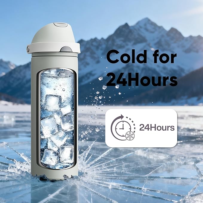 Insulated Water Bottle with Straw - Encool Stainless Steel Water Bottle with Push Button Lid, Leak-Proof & BPA-Free, Keeps Cold for 24 Hours for Sports, Travel, Gym (24 oz, Silver Grey)