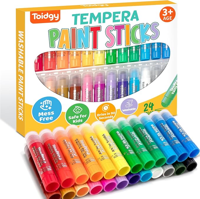Toidgy Tempera Paint Sticks, 24 Classic Colors, Washable Solid Paint Sticks for Kids Toddlers, Painting Art Supplies for Classroom School Students, Non-Toxic, Quick Drying, Back to School Supplies