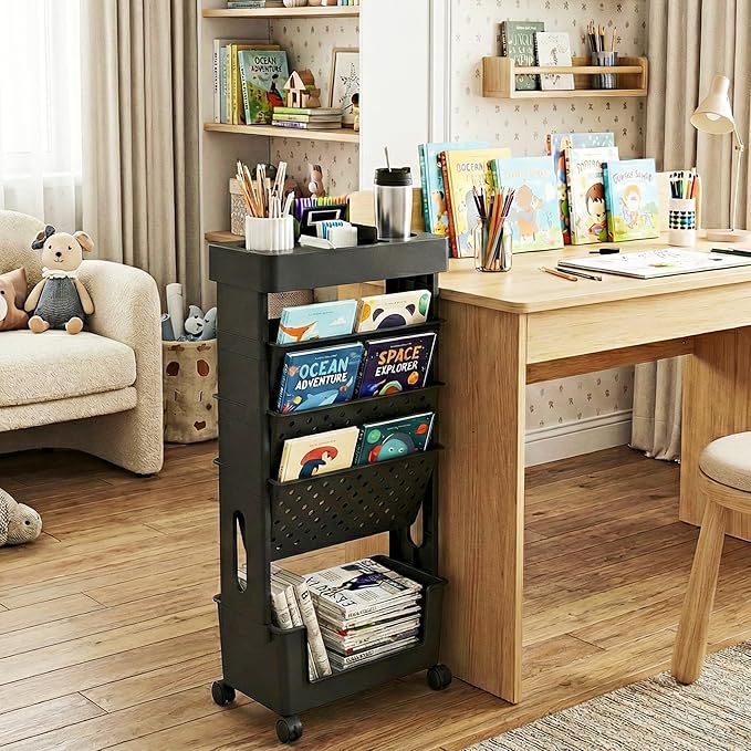 5-Tier Mobile Bookshelf, Rolling Bookcase Book Storage Rack, Movable File Folder Organizer Cart with Wheels for Home Study Office Living Room Classroom, Black