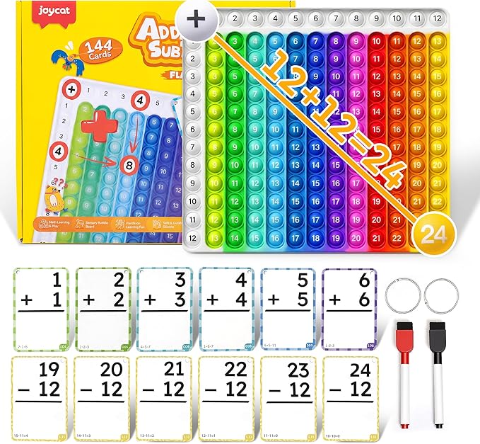 JoyCat Addition and Subtraction Flash Cards with Pop Math Board, 144 Math Flashcards for Kids Ages 4-8, Homeschool Kindergarten 1st 2nd Grade Math Manipulatives with Workbook, Markers, Rings & Bag