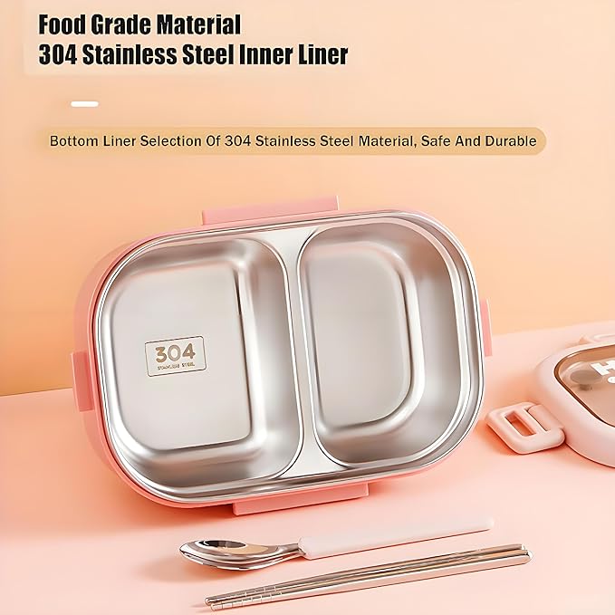 Stainless Steel Lunch Box, 2 Compartment Bento Box for Adults, Easy to Clean, Leak-Proof Design, Food Storage Container with Tableware for Family, Work, Picnics and Travel(850ml, Pink)