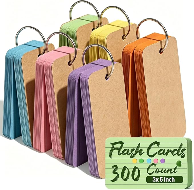Koogel Index Cards 3x5 Inch with Ring, 300 Count, Colored Ruled Flash Cards for Studying, Heavyweight Lined Notecard for School Office Home Learning Memory Note Taking To Do List Supplies, 6 Colors