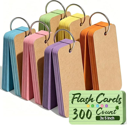 Koogel Index Cards 3x5 Inch with Ring, 300 Count, Colored Ruled Flash Cards for Studying, Heavyweight Lined Notecard for School Office Home Learning Memory Note Taking To Do List Supplies, 6 Colors