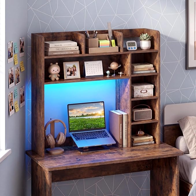 Giantex Desktop Bookshelf with LED Lights, 35.5" Desk Hutch Dorm for Up to 25 Inch Computer Monitors with Adjustable Storage Shelves, Wood Desk Organizer Shelves for Home Office (Rustic Brown)