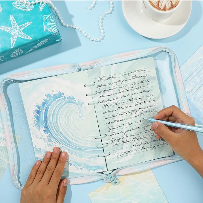 100 Sheets Ocean Waves A5 Planner Inserts - 120GSM Thick Blue Sea Refill Paper for A5 6-Ring Binder, Watercolor 6 Hole Loose Leaf Sheets for Journal Diary Notebook Budget Creative Planning