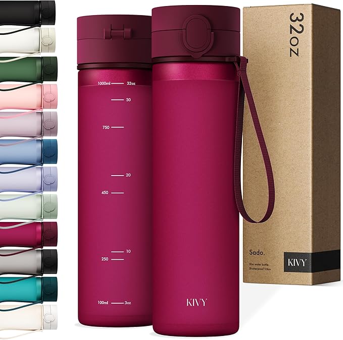 KIVY Slim Water Bottle 32oz with Leakproof Flip Lid [Lightweight & Shatterproof] Fits Backpack & Cupholder for Travel, Sports, School - Tall Gym Water Bottle with Measurements - Dishwasher Safe