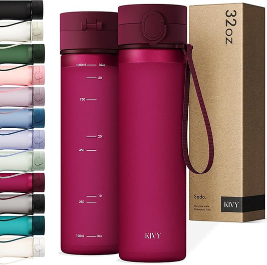 KIVY Slim Water Bottle 32oz with Leakproof Flip Lid [Lightweight & Shatterproof] Fits Backpack & Cupholder for Travel, Sports, School - Tall Gym Water Bottle with Measurements - Dishwasher Safe