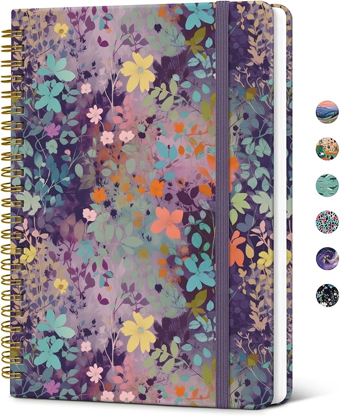 Taja Spiral Lined Journal for Women, Notebook for Work with Pretty Cover, 140 College Ruled Pages, Hardcover Notebook for Journaling, Note Taking, Bible Study, Lavendar Floral