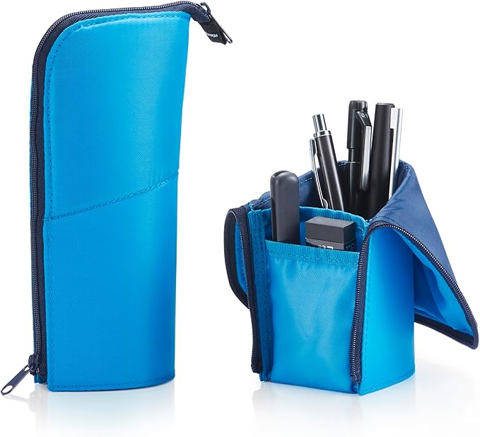 KOKUYO Pencil Case Pouch, Neo Critz Standing Pen Pouch Bag, Foldable Stand up Pencil Holder Organizer, Small Portable Pencil Box for Office, Home & College Use, Blue x Navy, Regular Size (F-VBF180-3)