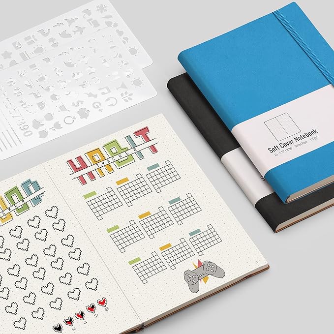 AHGXG Dotted Grid Journal 2 Pack - A5 Dot Grid Notebook Softcover, Medium 5.75'' × 8.38'', 320 Numbered Pages, 120gsm Thick Dotted Paper, Soft Leather Cover, Black Blue