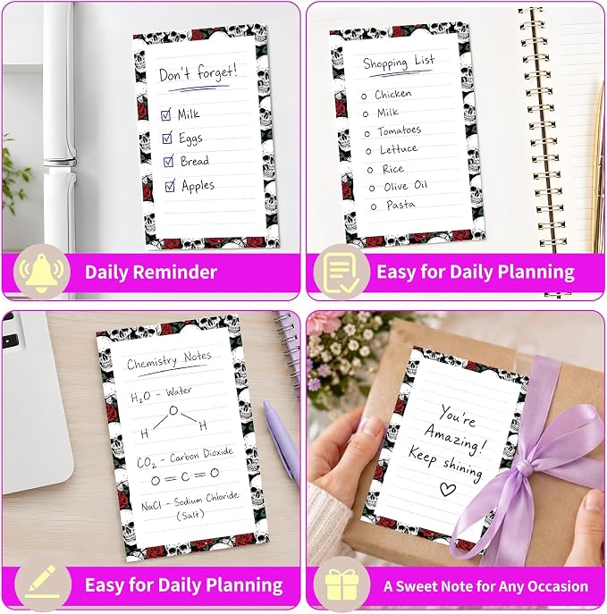 Lined Sticky Notes 4x6 in, 2 Pack Large Cute Notepads with Lines Self-Stick Note Pad, Funny Memo Pads Strong Adhesive for Office, Home Cool Skulls
