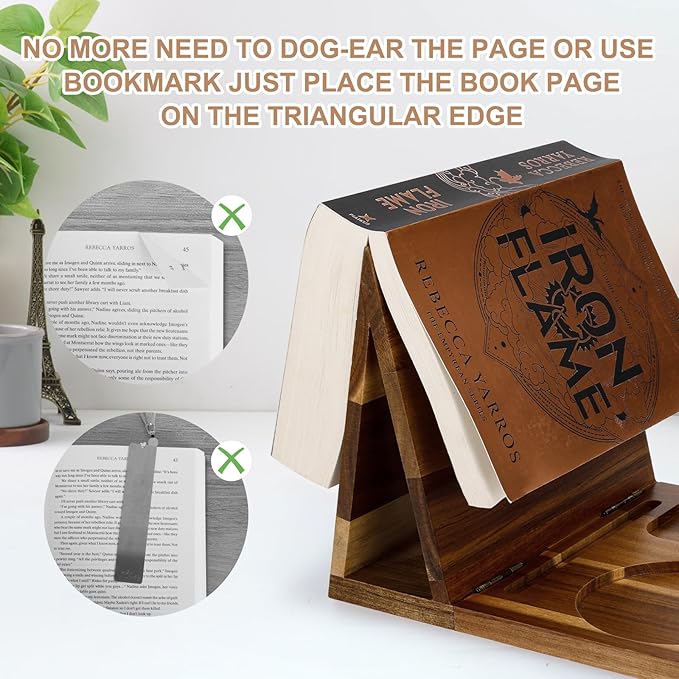 Wooden Book Stand for Reading Rest, Acacia Triangle Book Holder with Cup, Glasses, Pen & Phone Holder, Book Nook Reading Valet for Book Lover Gifts