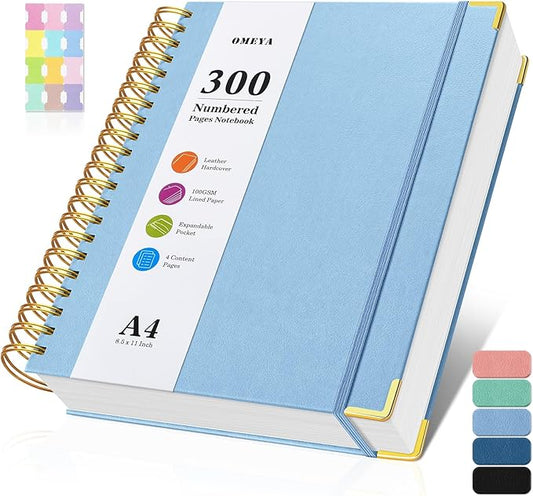 Spiral Notebook 8.5" x 11", 300 Numbered Pages Notebooks College Ruled with Tabs, Hardcover Leather Lined Journal for Women Men, 100GSM Thick Journals for Writing, Large A4 Notebooks for Work School