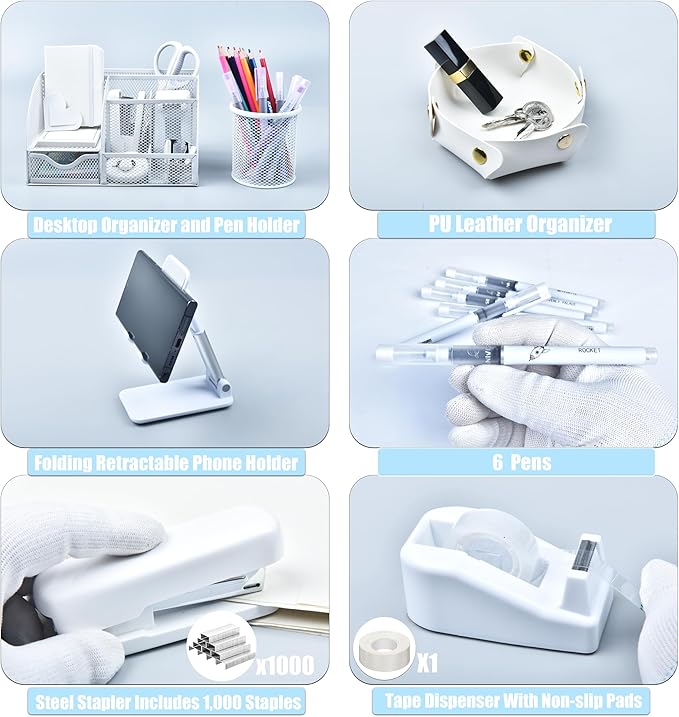 White Desk Accessories, 25Pcs White Office Supplies and Desk Organizers, with Tape Dispenser, Stapler, Staple Remover, Ect, Gift Box Packaging