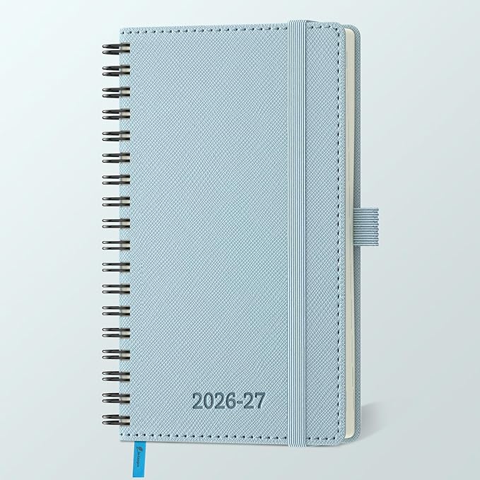 Planner 2026-2027 Daily Weekly and Monthly,6.5"x3.75",18 Months Spiral Bound Calendar Agenda with Self-adhesive Pen Holder,2026 Academic Plan with Vegan Leather Soft Cover,Dusty Blue