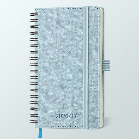 Planner 2026-2027 Daily Weekly and Monthly,6.5"x3.75",18 Months Spiral Bound Calendar Agenda with Self-adhesive Pen Holder,2026 Academic Plan with Vegan Leather Soft Cover,Dusty Blue