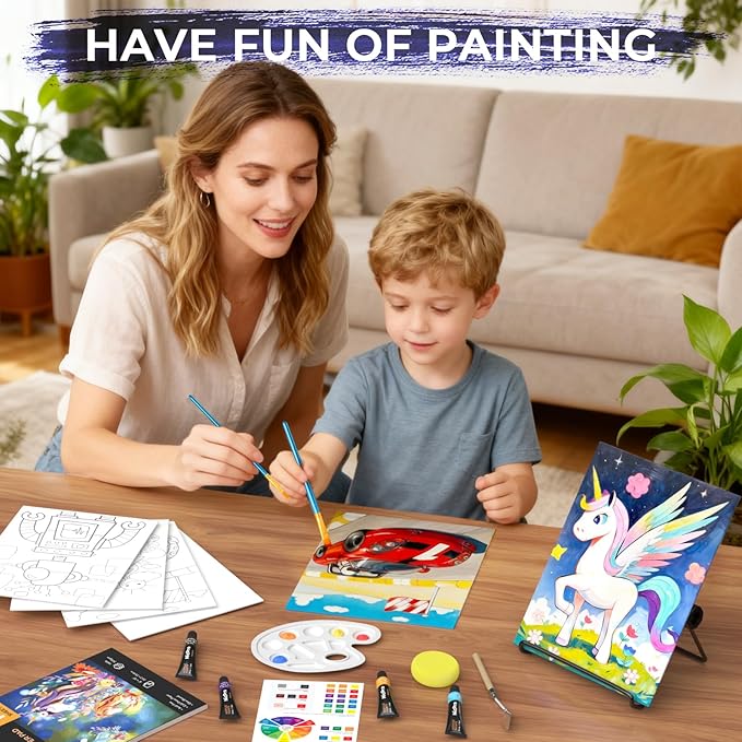 Nicpro 34PCS Kids Painting Set with Pattern Canvas, Art Painting Supplies Kit with 12 Acrylic Paints,10 Brushes,6 Canvas Panels,Table Easel,Paper Pad,Color Wheel,Palette for Beginner Students
