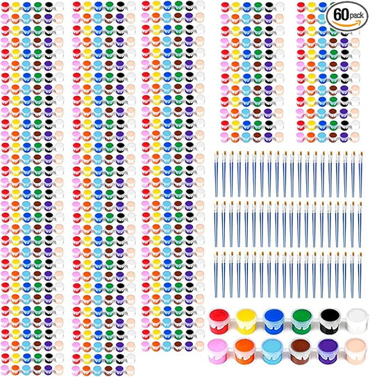 12 Colors Mini Acrylic Paint Set, 60 Pack Washable Paint Strips for Classroom Party - Includes 120 Brushes, 720 PCS kids Paint Kits for Easter Eggs, Birthday, school supplies