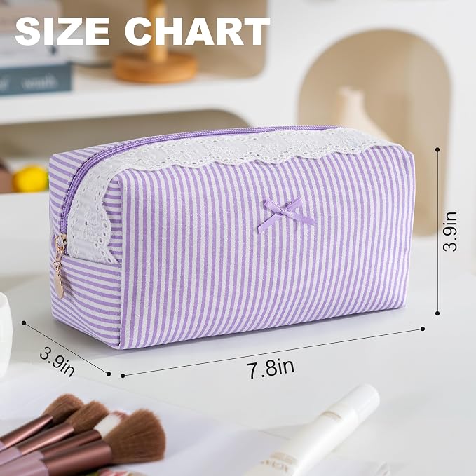 Makeup Bag Travel Toiletry Bag for Women, Small Cosmetic Bags with Lace Trim Cute Purple Stripe Aesthetic Organizer Makeup Pouch for Purse Emergency Bag Pencil Case Accessory Bag