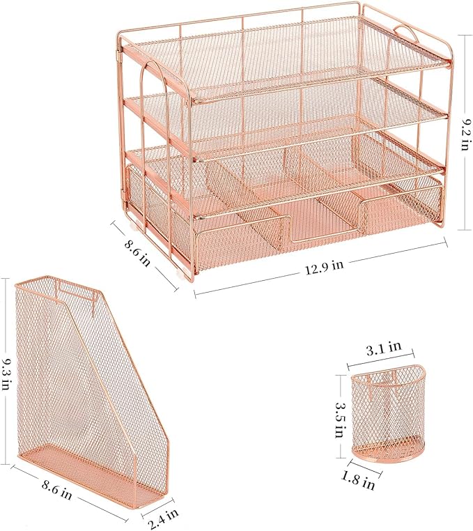 OPNICE Desk Organizers and Accessories, 4-Tier Desktop File Organizer with Drawer and 2 Pen Holders, Office Desk Accessories Workspace Organizers for Office Supplies, Rose Gold