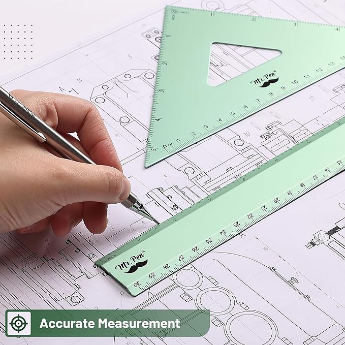 Mr. Pen- Metal Geometry Kit, 4 Pack, 45° & 30°/60° Set Squares, 6" Protractor & 12" Ruler, Durable Metal Drafting Tools for Technical Drawing, Math, Engineering & Architecture