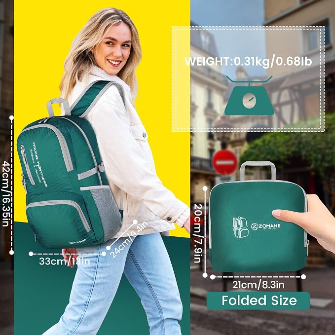 ZOMAKE Lightweight Packable Backpack, 35L Foldable Daypack (Dark Green) | Light Hiking Backpacks Water Resistant Collapsible Day Pack for Travel, Everyday Carry, Multi-Pocket Layout, Heavy Duty Nylon