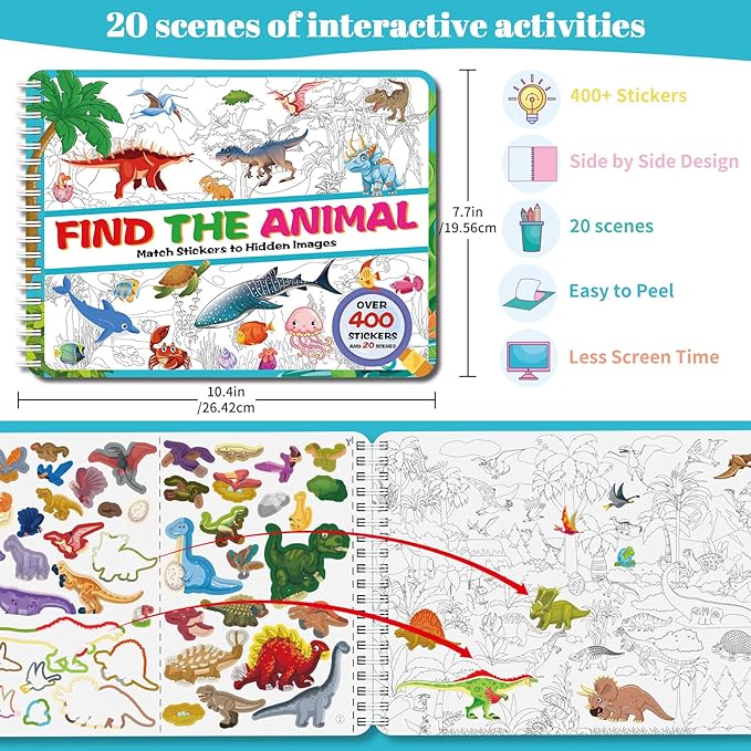 Kalysky Dinosaur and Ocean Animal Scene Sticker Book for Kids Ages 4-8, Search and Find Sticker Activity Book–Travel Toys for Toddlers, Airplane & Road Trip Games, Educational Fun