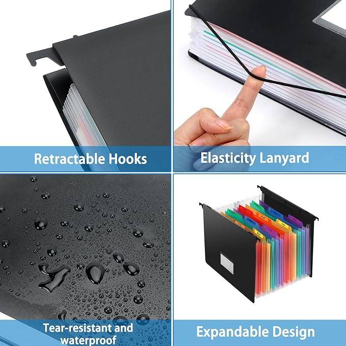 3 Pack Suspended Type Accordion File Organizer,13 Pockets Expanding File Folder,Important Large-Capacity Document Organizer with Blank Labels, for Enterprise, Office, Home Document Storage