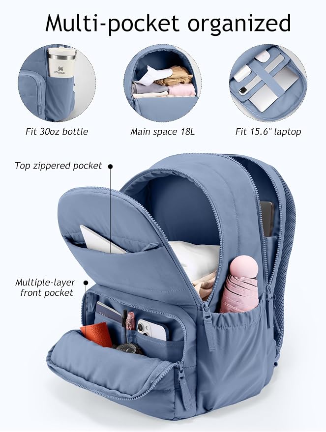 Uselike Travel Backpack for Women, 15.6 Inch Laptop Backpack, Quilted College Bookbag, Cute Work Backpacks, Water Resistant (Haze Blue)