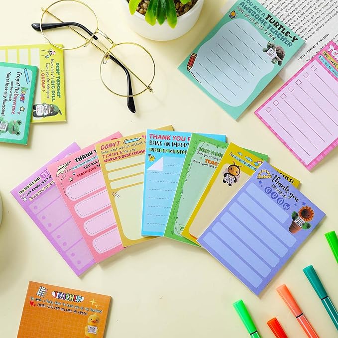 Pajean 12 Pcs End of Year Teacher Gifts Teacher Appreciation Notepad Gift Sets Lined Notepads to Do List Memo Notepads for Graduation Present Colored Cute Sticky Paper Notes Supplies(Punny Style)