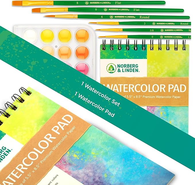 Norberg & Linden Watercolor Paint Set - 36 Premium Paints - 12 Page Pad - 6 Brushes - Painting Supplies with Palette, Watercolors, Art Pad Paper and Artist Brushes