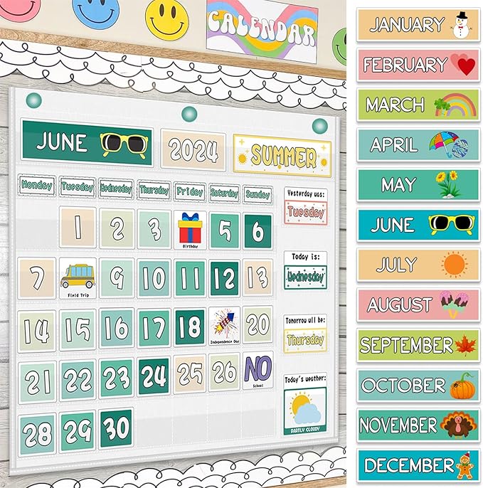 Mewise Classroom Calendar Pocket Chart for Wall, Weather Pocket Chart for Kids, Groovy Classroom Decor Set Includes 126 Cards, Hanging Display for School, Homeschool, Kindergarten, Bulletin Board (White)