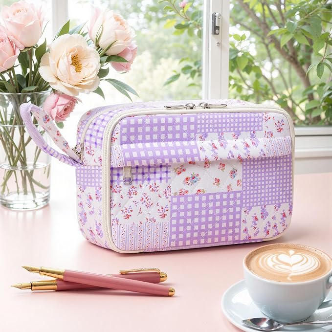 WOBAGMEN Quilted Pencil Pouch for Women, Large Capacity Pencil Case with Compartments, Cute Aesthetic Pencil Organizer, Floral Stationery Pouch（Purple Patchwork）