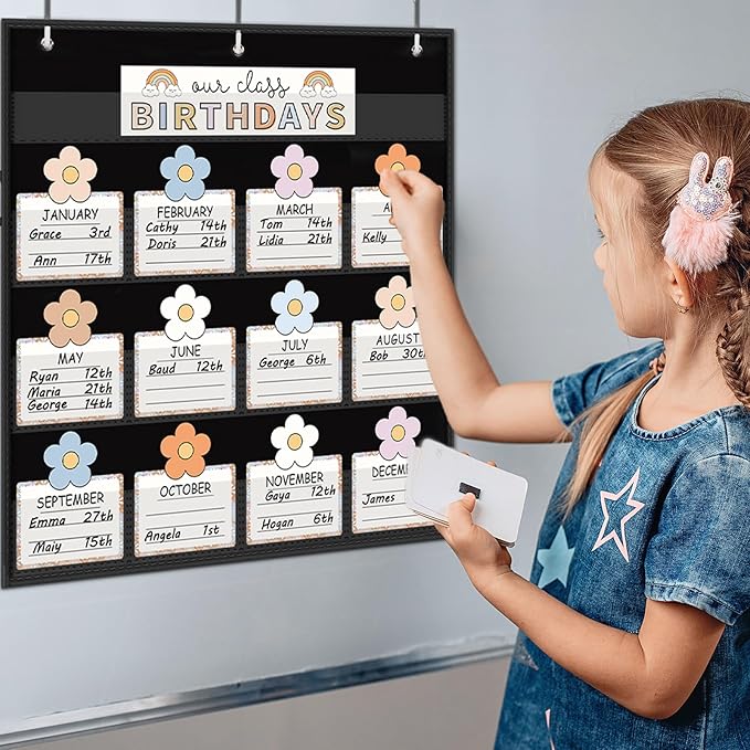 FYSUIMU Birthday Pocket Chart Pastel Boho Flower Month Cards Colorful Birthday Chart Calendars for Classroom Bulletin Board Chalkboard Wall Display