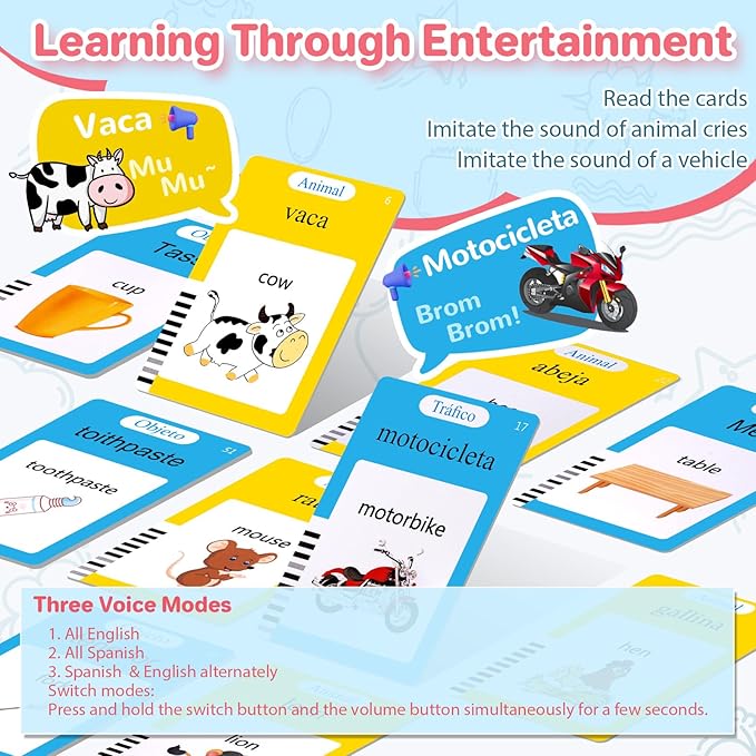 Spanish & English Talking Flash Cards for Toddler, Bilingual Flash Cards Learning Montessori Toys with 224 Sight Words, Speech Therapy Toys for Children Sensory Preschool Education