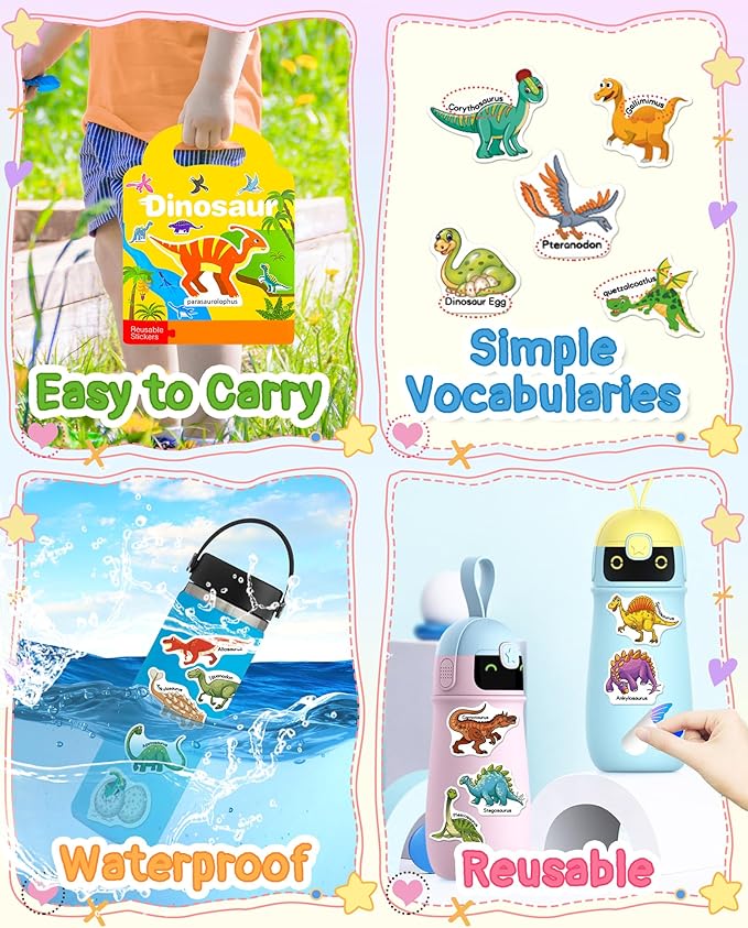 Benresive Reusable Sticker Book for Toddlers, Stickers for Kids, Travel Toys for Arts & Crafts Activities, Birthday Gift for Boys & Girls, Dinosaur Themes