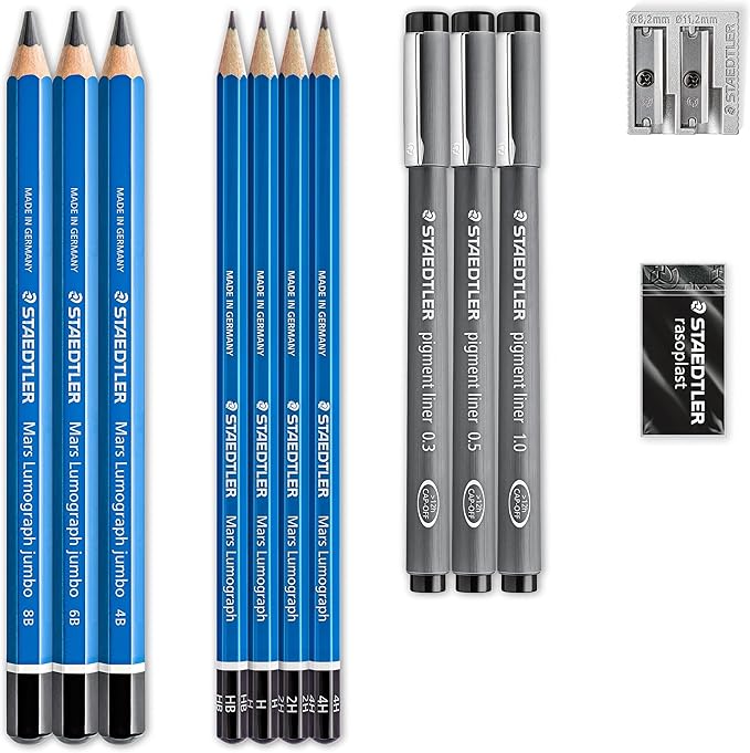 Staedtler Mars Lumograph Art Set | Drawing Kit with Art Pencils, Drawing Pens, Eraser and Double Hole Sharpener (61 100)