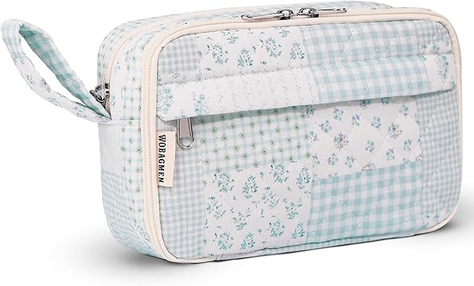 WOBAGMEN Quilted Pencil Pouch for Girls Women, Large Pencil Case Pouch with Compartments Cute Aesthetic Pencil Case Organizer, Floral Pencil Bag for School Supplies (green blue pin)