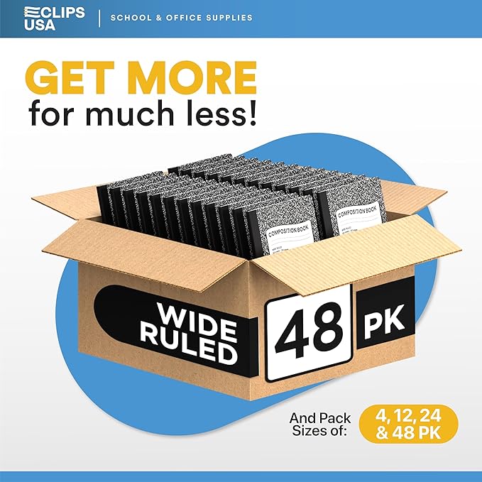Composition Notebook Wide Ruled Composition Notebooks Bulk Black Marble Hard Cover Wide Ruled Notebook Paper Note Books For Schools Marble Composition Books 100 Sheets 200 Pages 9.75” x 7.25” (48 Pack)