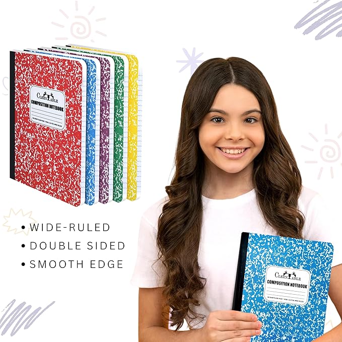 CLEENTABLE Composition Notebook 6 Pack, Wide Ruled Paper, Marble Cover Notebooks for School, 9.75 x 7.5 Inches, 100 Sheets (200 Pages), Sewn Binding Comp Books, Multicolor