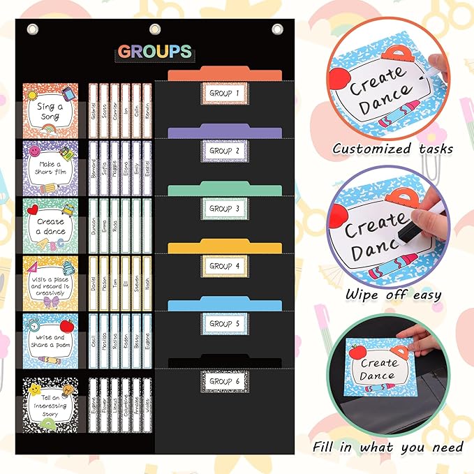 Whaline Group Management Pocket Chart with 98 Reusable Dry-Erase Cards 3 Hooks 2 Markers Colorful Composition Book Classroom Small Group Organizer for Back to School Teacher Supplies