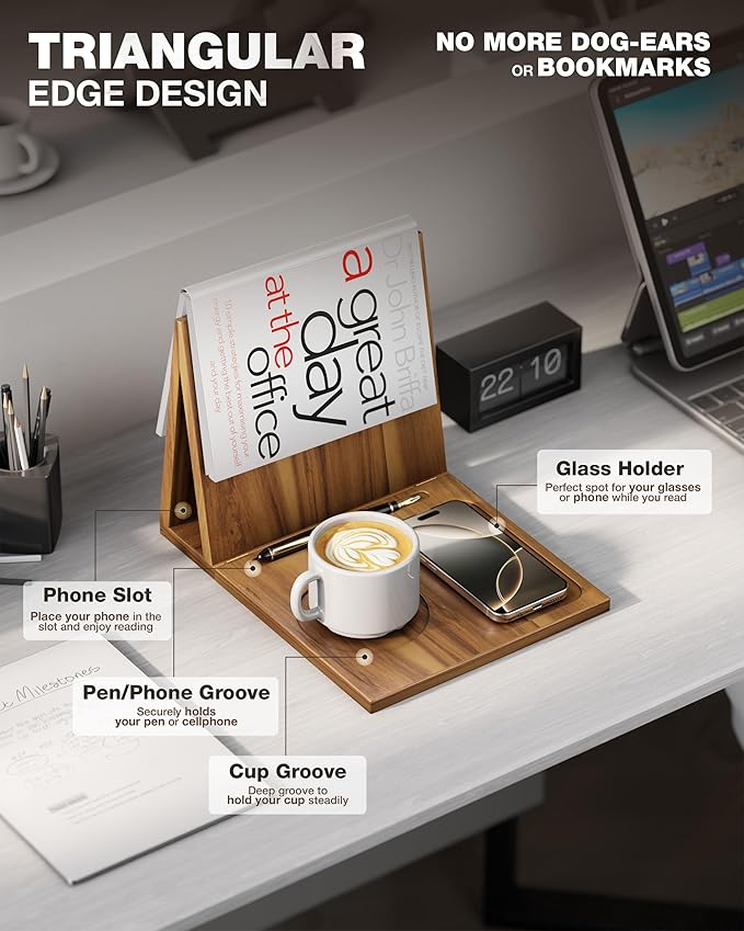 Triangle Book Holder, Book Rest, Acacia Foldable Book Nook Reading Valet, Triangle Book Stand with Cup, Pen, Glasses and Phone Holder for Bedroom, Nightstand or Office, Gifts for Book Lover
