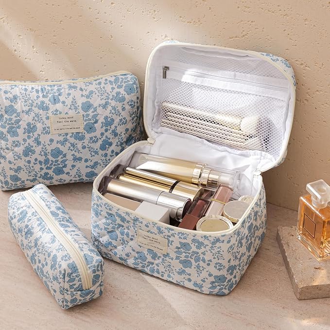 HBselect Quilted Makeup Bag, 3Pcs Cotton Large Travel Makeup Bags Organizer | Cute Floral Make up Bag Cosmetic Bag Toiletry Bag for Women Girls, Makeup Pouch for Skincare, Brushes & Travel Essentials