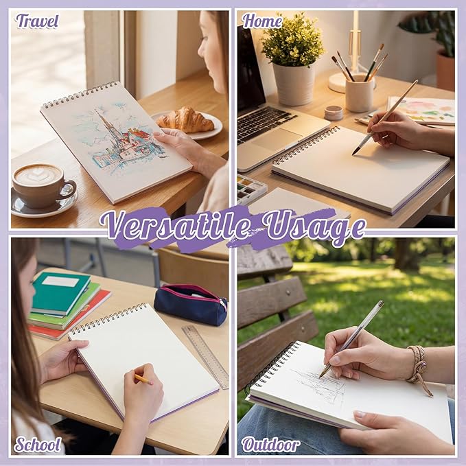 Prudiut Sketch Book 3 Pack, 8.5X11In Violet Spiral Bound Sketch Pad, 50 Sheets 68lb/100gsm Acid-Free Paper, Sketchbooks for Drawing Women Artists, Dry Media Charcoal Pencil Art Supplies Portfolio