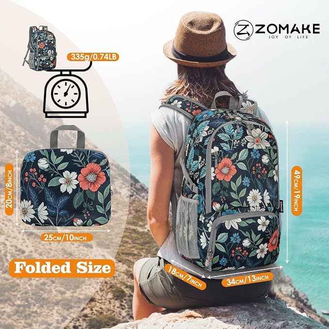 ZOMAKE Lightweight Packable Backpack 30L, Foldable Travel Hiking Daypack | Water Resistant Collapsible Backpacks, Folding Day Pack for Outdoor Camping Sport, Everyday Carry(Navy blue,Floral pattern)