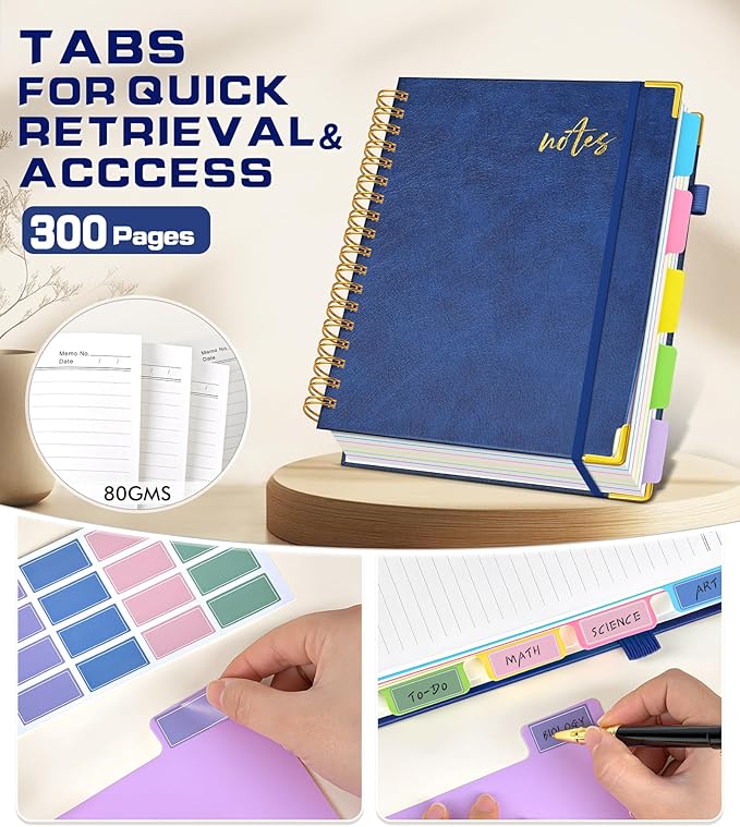PAPEJOON 5 Subject Spiral Notebook Journal with Removable Dividers Tabs, 300 Pages Organizer Notebooks for Work School, A5 Hardcover Leather Notebook College Ruled, Lined Journal for Women Men，Navy