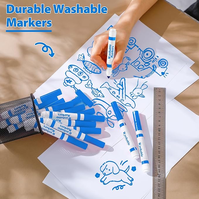 36 Pcs Light Blue Washable Markers Bulk Coloring Broad Line Marker for Kid Light Blue Conical Tip Drawing Pen for Christmas School Travel Art Baby Shower Gender Reveal Party Supplies, Ages 6+