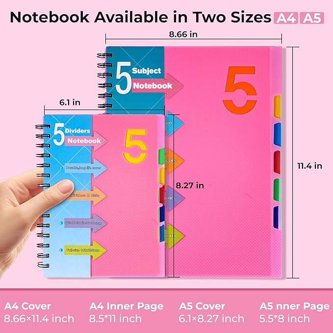 CAGIE 5 Subject Notebook College Ruled, Small Spiral Notebook 5x7 with Divider Tabs, A5 Spiral Notebooks for Women, 240 Pages Spiral Note book for School Note Taking, Pink